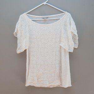 Lucky Brand Off White Flutter Sleeve Embroidered Shirt Short Sleeve Medium